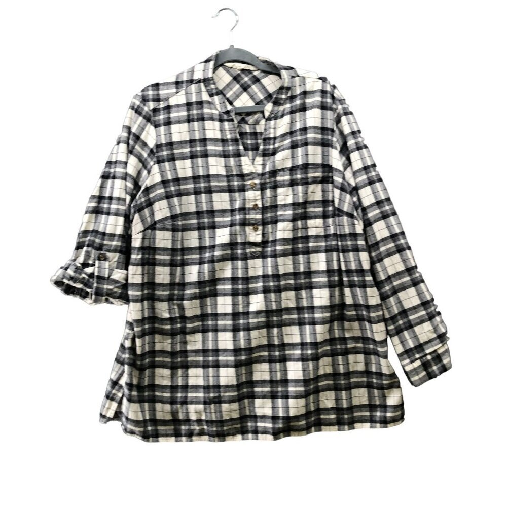 Magnolia Grace Flannel Popover Shirt Womens 2X Gray Ivory Plaid Roll Tab Tunic